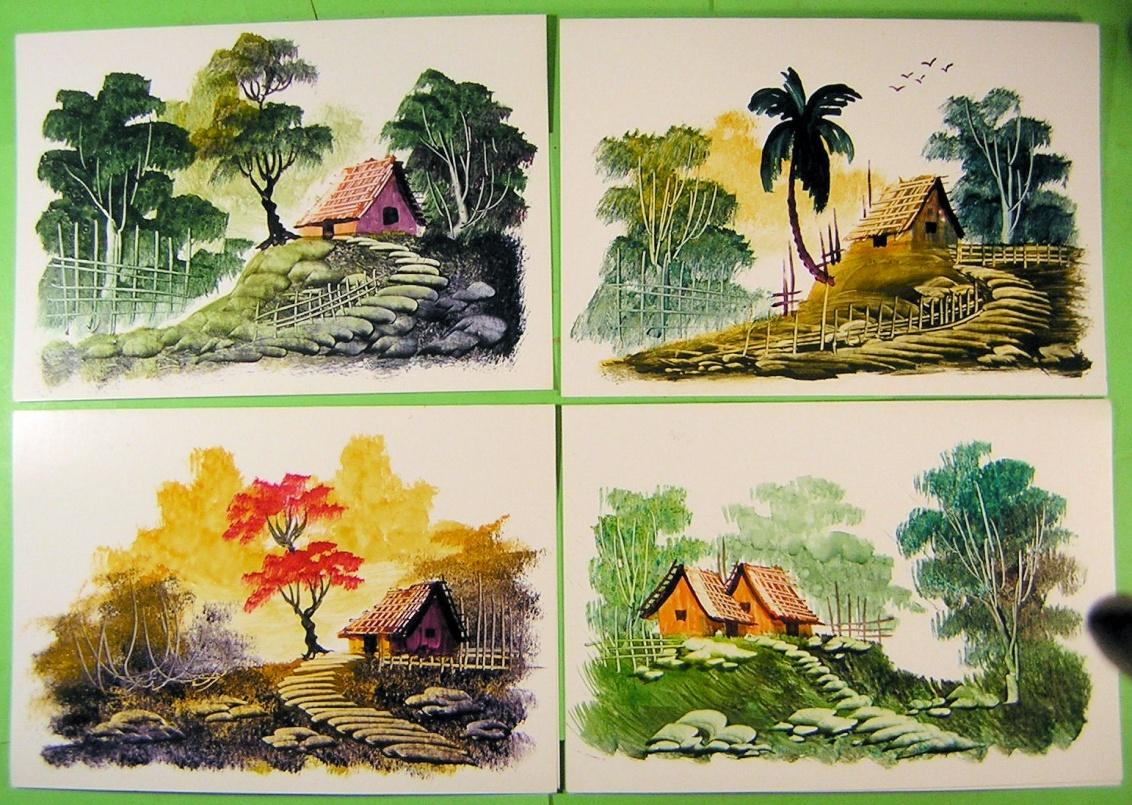 Four note cards, folded at top. Each 5 3/8 by 7 ¾ inches